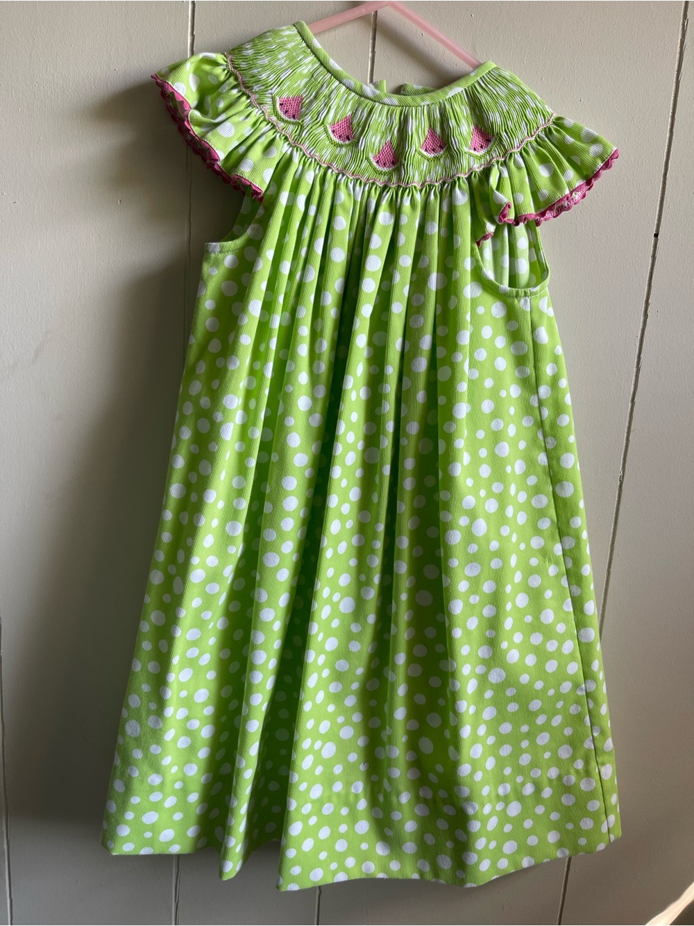 Smocked Lime Green Polka Dot Girls' Dress with Pink Trim